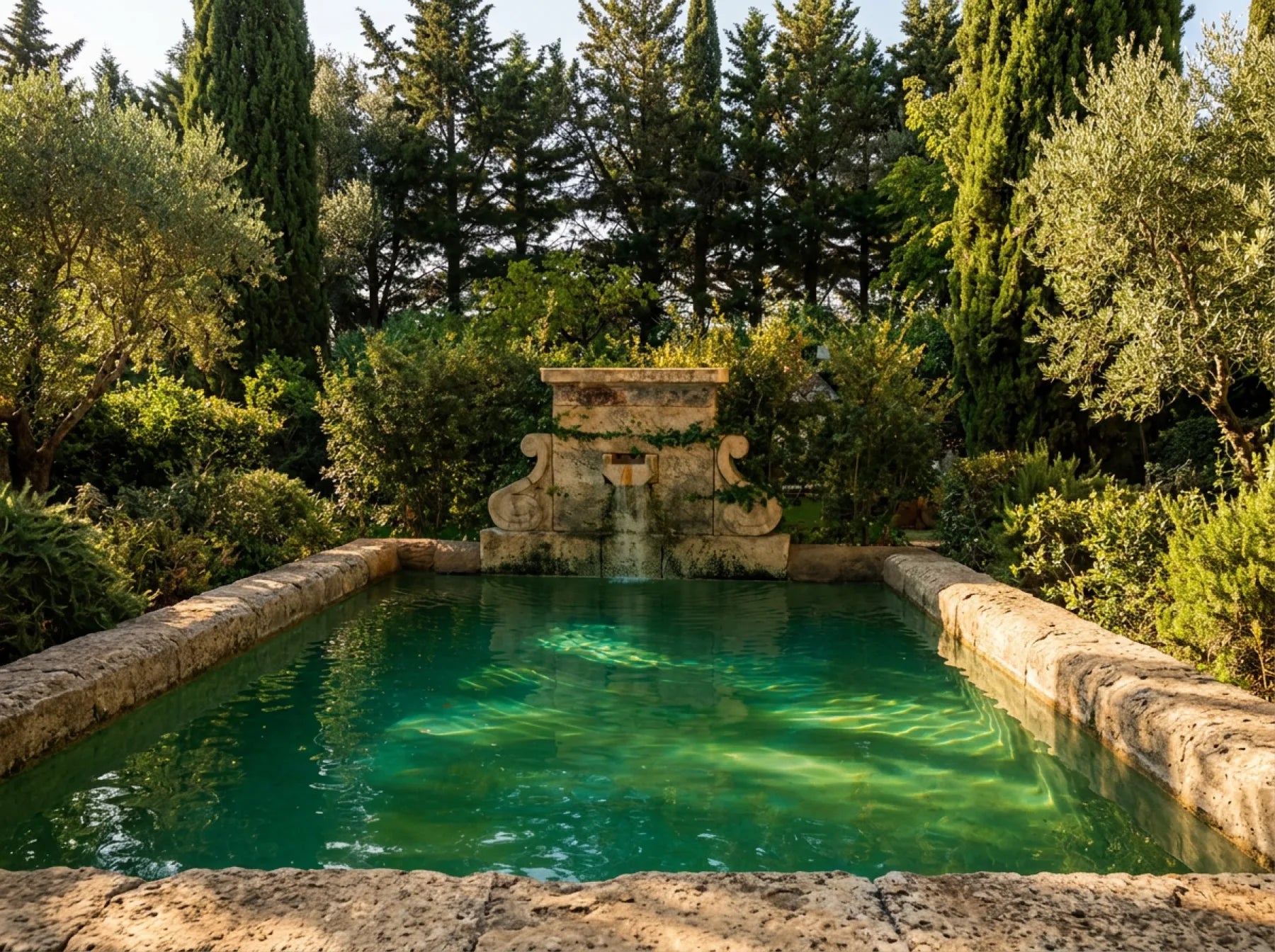 Mediterranean garden pool surrounded by olive trees
