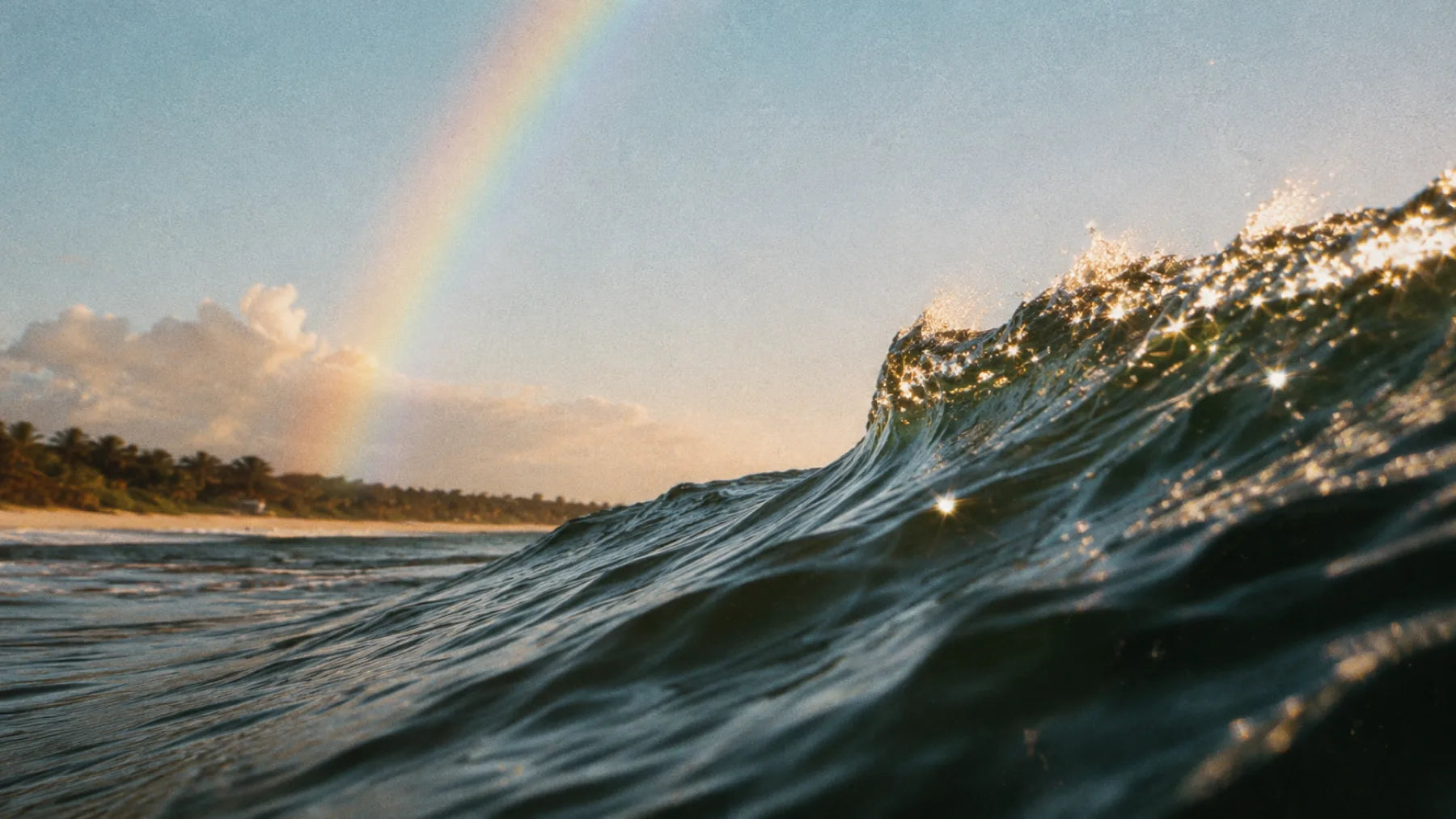 Sunlit ocean wave with a rainbow near the shore