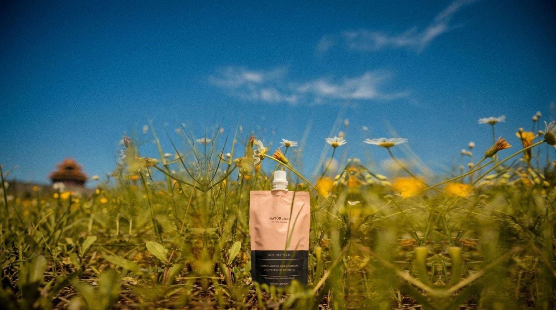 NATÜRLICH sunscreen standing in summer flowers under a blue sky